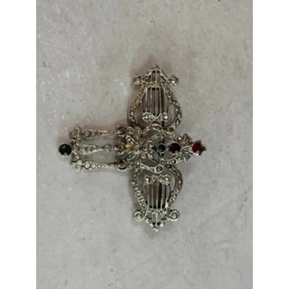 Vintage Style Silver Tone Jeweled Ornate Dangle Brooch Renaissance Gothic